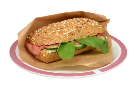 Luxury Waldkorn bread roast beef and tzatziki on a white background.の写真素材