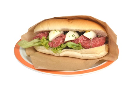 Buns lettuce and egg roll sausage beef sausage with oxen on a white background の写真素材