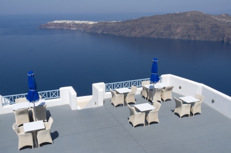 Terrace of a resort in Oia on Santorini island in Greece のeditorial素材