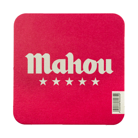 NETHERLANDS - LUNTEREN - JULY 17, 2017: Mahou beer mat. From brewery Grupo Mahou-San Miguel in Spain. Isolated on white background.のeditorial素材
