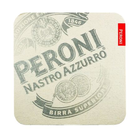 NETHERLANDS - LUNTEREN - JULY 17, 2017: Peroni beer mat. Isolated on white background.のeditorial素材