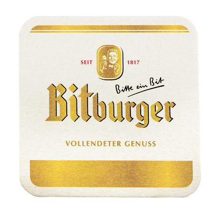 NETHERLANDS - LUNTEREN - JULY 17, 2017: Bitburger beermat. Isolated on white backgroundのeditorial素材
