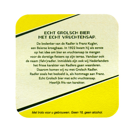 NETHERLANDS - LUNTEREN - JULY 17, 2017: Grolsch Radler beermat. Isolated on white backgroundのeditorial素材