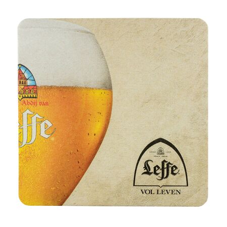 NETHERLANDS - LEIDSCHENDAM - MARCH 11, 2018: Leffe beermat. Isolated on white background.のeditorial素材