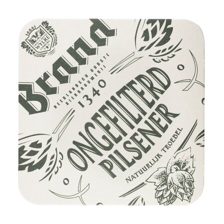 NETHERLANDS - LEIDSCHENDAM - MARCH 11, 2018: Brand beermat isolated on white background. Advertising Brand unfiltered beer.のeditorial素材