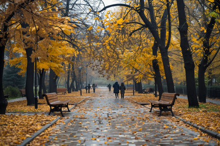 Scenic autumn city park with golden leaves, benches, and people walking on a misty day. Calm seasonal atmosphere ideal for travel, lifestyle, and editorial use.の素材