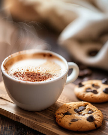 Warm, cozy coffee scenes showing steaming espresso, cappuccino, and lattes in natural light with coffee beans and cookies, perfect for lifestyle or editorial use.の素材