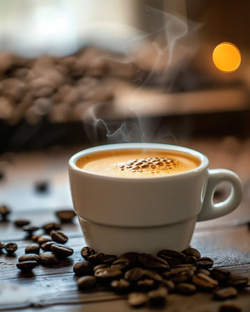 Warm, cozy coffee scenes showing steaming espresso, cappuccino, and lattes in natural light with coffee beans and cookies, perfect for lifestyle or editorial use.の素材