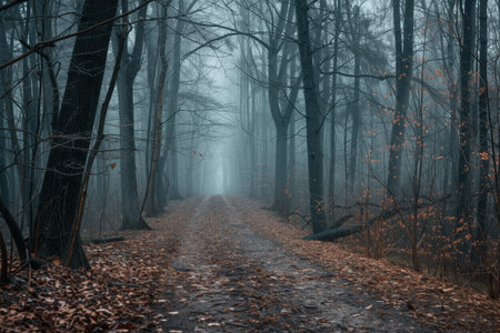 Misty forest path surrounded by bare trees and autumn leaves. Moody, cinematic atmosphere ideal for storytelling, seasonal, or editorial use.の素材