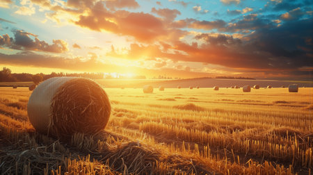 Golden farmland with hay bales illuminated by the warm evening sun. Peaceful autumn landscape ideal for agriculture, nature, or lifestyle visuals.の素材