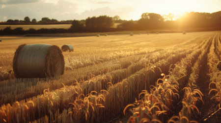 Golden farmland with hay bales illuminated by the warm evening sun. Peaceful autumn landscape ideal for agriculture, nature, or lifestyle visuals.の素材