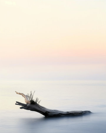 A minimalist driftwood log floats in calm pastel water at sunrise. Soft tones, clean negative space, and serene atmosphere create a peaceful abstract nature scene.の素材