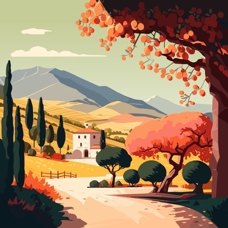 Autumn landscape with trees, fields and hills. vector illustration.のイラスト素材