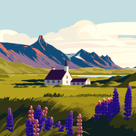 Beautiful landscape with mountains, lupins, and a church. vector illustrationのイラスト素材
