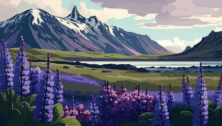 Mountain landscape with lupine flowers and lake. vector illustrationのイラスト素材