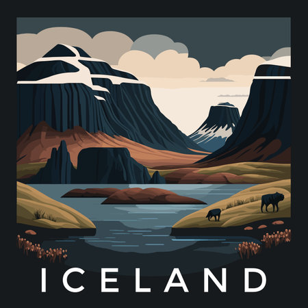 Icelandic landscape with mountains and lake. Vector illustration in flat styleのイラスト素材