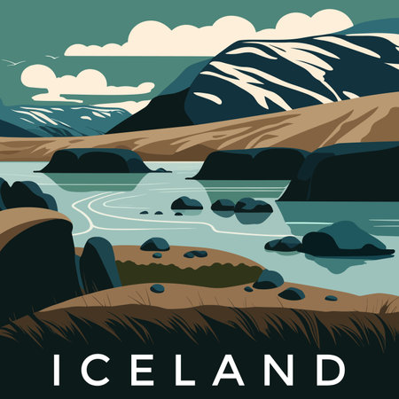 Icelandic landscape with river and mountains. Vector illustration in flat styleのイラスト素材