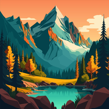 Beautiful vector landscape illustration - warm sunrise over mountains, lake and forest. The concept of travel, hiking, active recreation and adventure.のイラスト素材