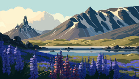 Mountain landscape with lupines and lake. vector illustration.のイラスト素材