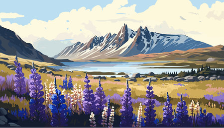 Mountain landscape with lupine flowers and lake. vector illustrationのイラスト素材