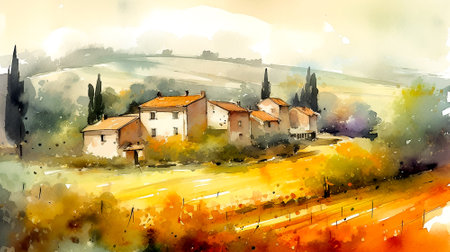 Digital watercolor painting of a village in Tuscany, Italyの写真素材