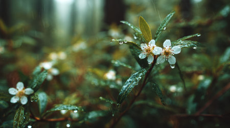 Firethorn Flower blooming across a lush woodland floor during gentle rainfall delicate wild flowers surrounded by rich green forest foliage covered with raindrops soft rain streaks visible throughout the scene fresh and tranquil atmosphere natural forest environment shallow depth of field dreamy bokeh background realistic botanical photography moody natural lighting ultra detailed textures vertical composition abundant copy space premium stock photo quality no people no text no logo