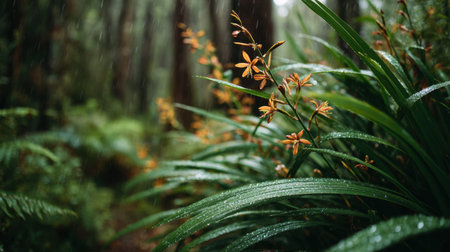 New Zealand Flax Flower blooming across a lush woodland floor during gentle rainfall delicate wild flowers surrounded by rich green forest foliage covered with raindrops soft rain streaks visible throughout the scene fresh and tranquil atmosphere natural forest environment shallow depth of field dreamy bokeh background realistic botanical photography moody natural lighting ultra detailed textures vertical composition abundant copy space premium stock photo quality no people no text no logo