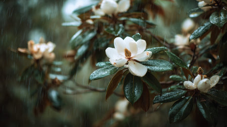 Southern Magnolia blooming in a pristine commercial garden estate during gentle rainfall premium elegant flowers surrounded by rich manicured foliage covered with raindrops soft rain streaks visible throughout the scene fresh and luxurious atmosphere estate garden environment shallow depth of field dreamy bokeh background realistic botanical photography moody natural lighting ultra detailed textures vertical composition abundant copy space premium stock photo quality no people no text no logo