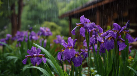 Iris blooming across a charming cottage garden display during gentle rainfall decorative landscaping floral layout surrounded by rich green foliage covered with raindrops soft rain streaks visible fresh and tranquil atmosphere cozy outdoor garden environment shallow depth of field dreamy bokeh background realistic botanical photography moody natural lighting ultra detailed textures vertical composition abundant copy space premium stock photo quality no people no text no logo 1