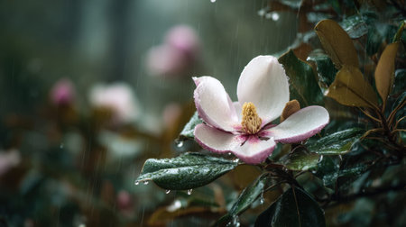 Southern Magnolia blooming in a pristine commercial garden estate during gentle rainfall premium elegant flowers surrounded by rich manicured foliage covered with raindrops soft rain streaks visible throughout the scene fresh and luxurious atmosphere estate garden environment shallow depth of field dreamy bokeh background realistic botanical photography moody natural lighting ultra detailed textures vertical composition abundant copy space premium stock photo quality no people no text no logo 1