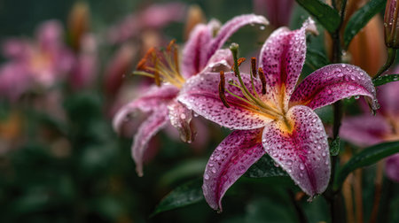 Stargazer Lily blooming in a pristine commercial garden estate during gentle rainfall premium elegant flowers surrounded by rich manicured foliage covered with raindrops soft rain streaks visible throughout the scene fresh and luxurious atmosphere estate garden environment shallow depth of field dreamy bokeh background realistic botanical photography moody natural lighting ultra detailed textures vertical composition abundant copy space premium stock photo quality no people no text no logo 1