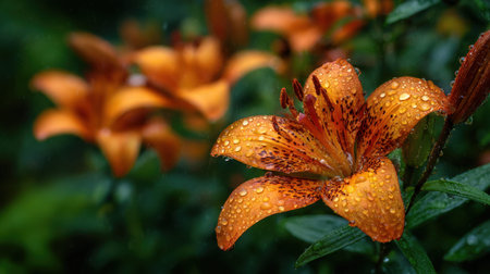 Tiger Lily blooming in a pristine commercial garden estate during gentle rainfall premium elegant flowers surrounded by rich manicured foliage covered with raindrops soft rain streaks visible throughout the scene fresh and luxurious atmosphere estate garden environment shallow depth of field dreamy bokeh background realistic botanical photography moody natural lighting ultra detailed textures vertical composition abundant copy space premium stock photo quality no people no text no logo 1