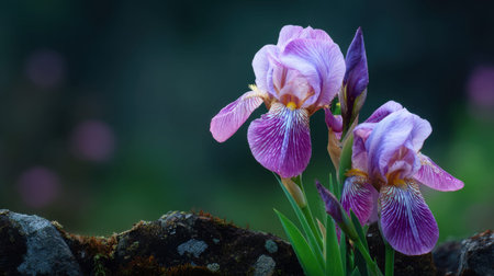 Iris draped elegantly over a cottage garden stone wall charming blossoms with fresh green foliage against a deep dark atmospheric background dreamy pink bokeh accents and soft light glints vertical close up botanical layout telephoto lens shallow depth of field premium stock quality no people no text no logo