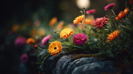 Calendula draped elegantly over a cottage garden stone wall charming blossoms with fresh green foliage against a deep dark atmospheric background dreamy pink bokeh accents and soft light glints vertical close up botanical layout telephoto lens shallow depth of field premium stock quality no people no text no logo