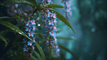 Bugloss cascading from a dense tropical jungle canopy exotic wild blossoms with glossy green leaves against a deep moody teal rainforest backdrop misty pink bokeh highlights and glowing water reflections telephoto botanical view shallow depth of field vertical orientation premium stock quality no people no text no logo 1