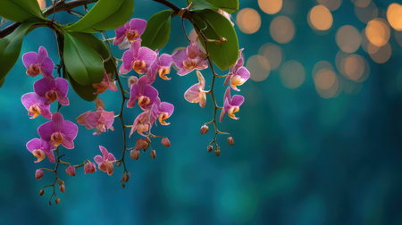 Orchid hanging from a premium commercial garden trellis during twilight elegant blossoms with vibrant green leaves draped against a moody deep teal background soft pink bokeh and glistening lower light highlights telephoto botanical photography shallow depth of field vertical composition abundant copy space premium stock photo quality no people no text no logo 1