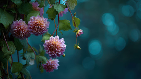 Dahlia hanging from a premium commercial garden trellis during twilight elegant blossoms with vibrant green leaves draped against a moody deep teal background soft pink bokeh and glistening lower light highlights telephoto botanical photography shallow depth of field vertical composition abundant copy space premium stock photo quality no people no text no logo 1