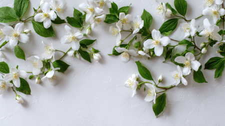 Mock Orange creeping elegantly across a clean white surface delicate wild woodland flowers with rich green foliage overhead flat lay photography top down view soft organic shadows horizontal format abundant copy space premium stock photo quality no people no text no logo