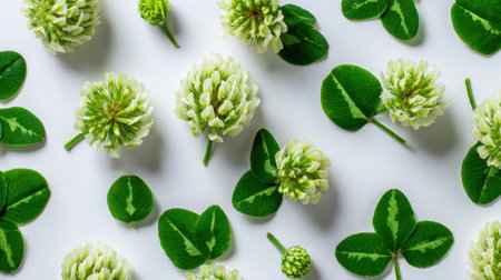 Clover arranged on a pristine white minimalist background bold exotic tropical flowers with glossy green leaves overhead flat lay photography top down view sharp botanical details horizontal composition abundant copy space premium stock photo quality no people no text no logo