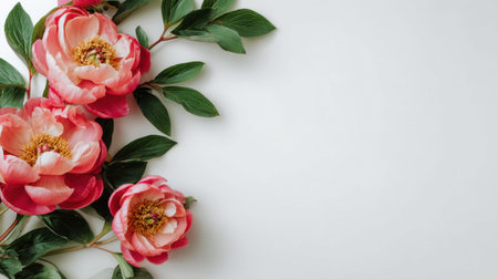 Peony creeping along the edge of a clean white minimalist background elegant premium flowers with vibrant green leaves overhead flat lay photography top down view soft natural shadows horizontal composition abundant copy space premium stock photo quality no people no text no logo 1