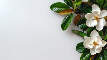 Southern Magnolia creeping along the edge of a clean white minimalist background elegant premium flowers with vibrant green leaves overhead flat lay photography top down view soft natural shadows horizontal composition abundant copy space premium stock photo quality no people no text no logo 1