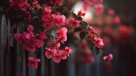 Bougainvillea hanging from a rustic cottage garden fence against an atmospheric dark backyard backdrop dense decorative blossoms with soft green foliage shadowy twilight environment close up telephoto focus shallow depth of field beautiful organic bokeh horizontal layout abundant copy space premium quality no people no text no logo 1