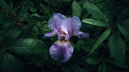 Bearded Iris blooming inside a dense cottage garden bed curated backyard floral layout nestled in pointy rich green leaves overhead macro photography top down view natural moody lighting landscape format abundant copy space premium quality no people no text no logo