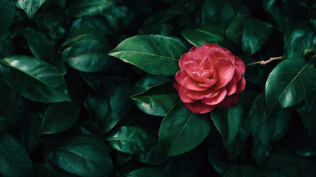 Camellia blossoming across a dense layer of pristine deep emerald green foliage premium commercial floral pattern overhead macro photography top down view high contrast moody lighting horizontal composition abundant copy space premium stock photo quality no people no text no logo
