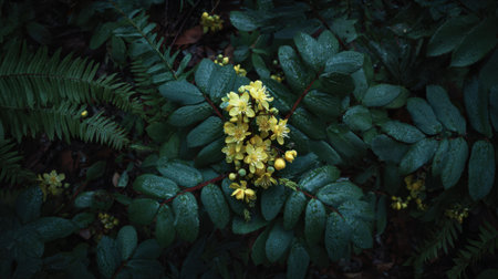 Oregon Grape Flower blossoming across a pristine forest floor bed delicate wild flowers nestled closely in rich dark green woodland foliage overhead macro photography top down view moody natural lighting horizontal orientation abundant copy space premium stock quality no people no text no logo
