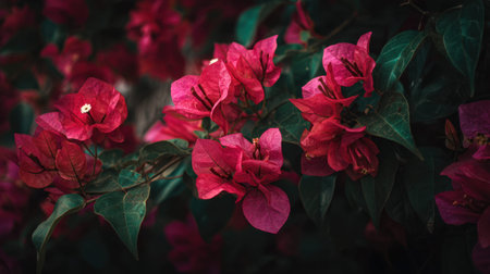 Bougainvillea blooming inside a dense cottage garden bed curated backyard floral layout nestled in pointy rich green leaves overhead macro photography top down view natural moody lighting landscape format abundant copy space premium quality no people no text no logo