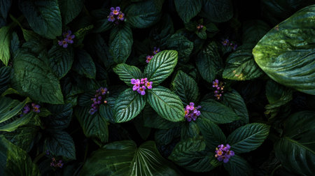 Frasera nestled within a dense untamed tropical jungle undergrowth exotic wild blossoms surrounded by deep shadowed rainforest foliage overhead macro photography top down view high contrast moody lighting horizontal format abundant copy space premium stock photo quality no people no text no logo 1