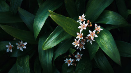 Phormium blossoming across a pristine forest floor bed delicate wild flowers nestled closely in rich dark green woodland foliage overhead macro photography top down view moody natural lighting horizontal orientation abundant copy space premium stock quality no people no text no logo 1