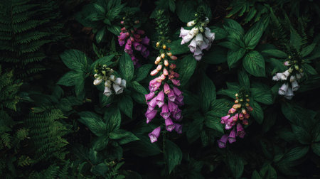 Foxglove blooming inside a dense cottage garden bed curated backyard floral layout nestled in pointy rich green leaves overhead macro photography top down view natural moody lighting landscape format abundant copy space premium quality no people no text no logo 1