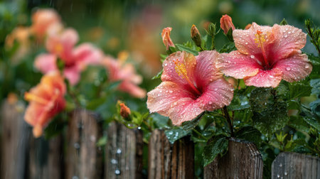 Hibiscus bursting over a pristine estate wooden fence border covered with glistening raindrops fresh vibrant flowers surrounded by rich green foliage after gentle rainfall shallow depth of field beautiful creamy bokeh background cinematic natural lighting horizontal composition abundant copy space premium stock photo quality no people no text no logo
